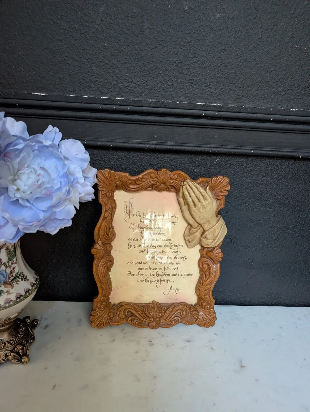 Vintage Burwood 3D Religious Art The Lords Prayer in Ornate Praying Hands Resin